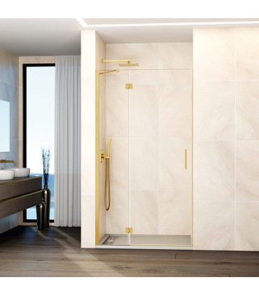 Resguardo de duche fixo + porta reclinável GLASS OURO com fecho magnético à parede