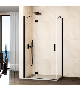 Resguardo de duche fixo + abrir com lateral fixo GLASS com fecho magnético à parede PRETO