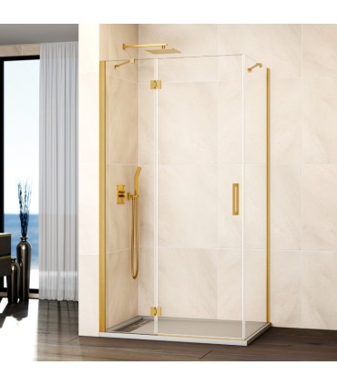 Resguardo de duche fixo + abrir com lateral fixo GLASS com fecho magnético à parede OURO