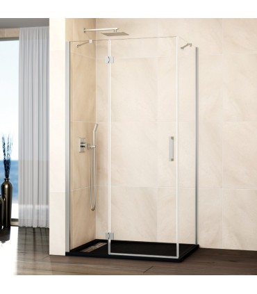 Resguardo de duche fixo + abrir com lateral fixo GLASS com fecho magnético à parede NIQUEL