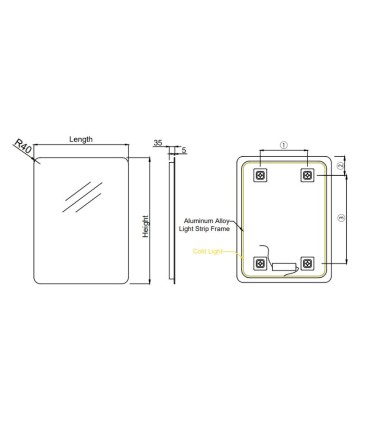 Espelho quadrado retroiluminado com bordos arredondados DINAMARCA