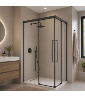 Resguardo Angular de duche com 2 painéis fixos + 2 portas de correr PAVÍA Preto fosco