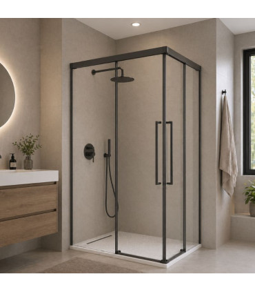 Resguardo Angular de duche com 2 painéis fixos + 2 portas de correr PAVÍA Preto fosco