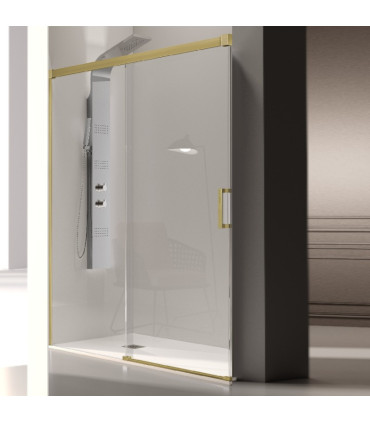 Resguardo de Duche painéi Fixo + porta Deslizante GLASÉ Ouro Escovado