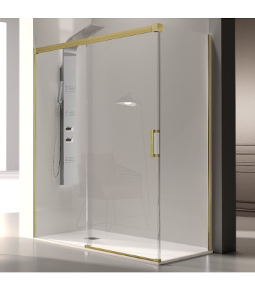 Resguardo de Duche painéi Fixo + porta Deslizante GLASÉ Ouro Escovado