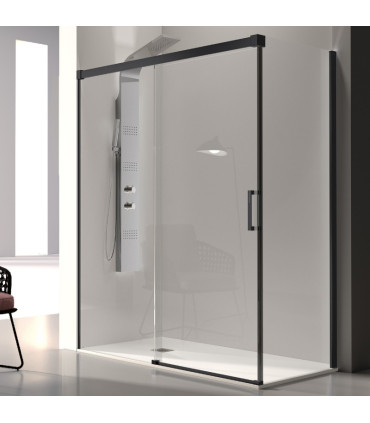 Resguardo de Duche painéi Fixo + porta Deslizante GLASÉ Preto Fosco